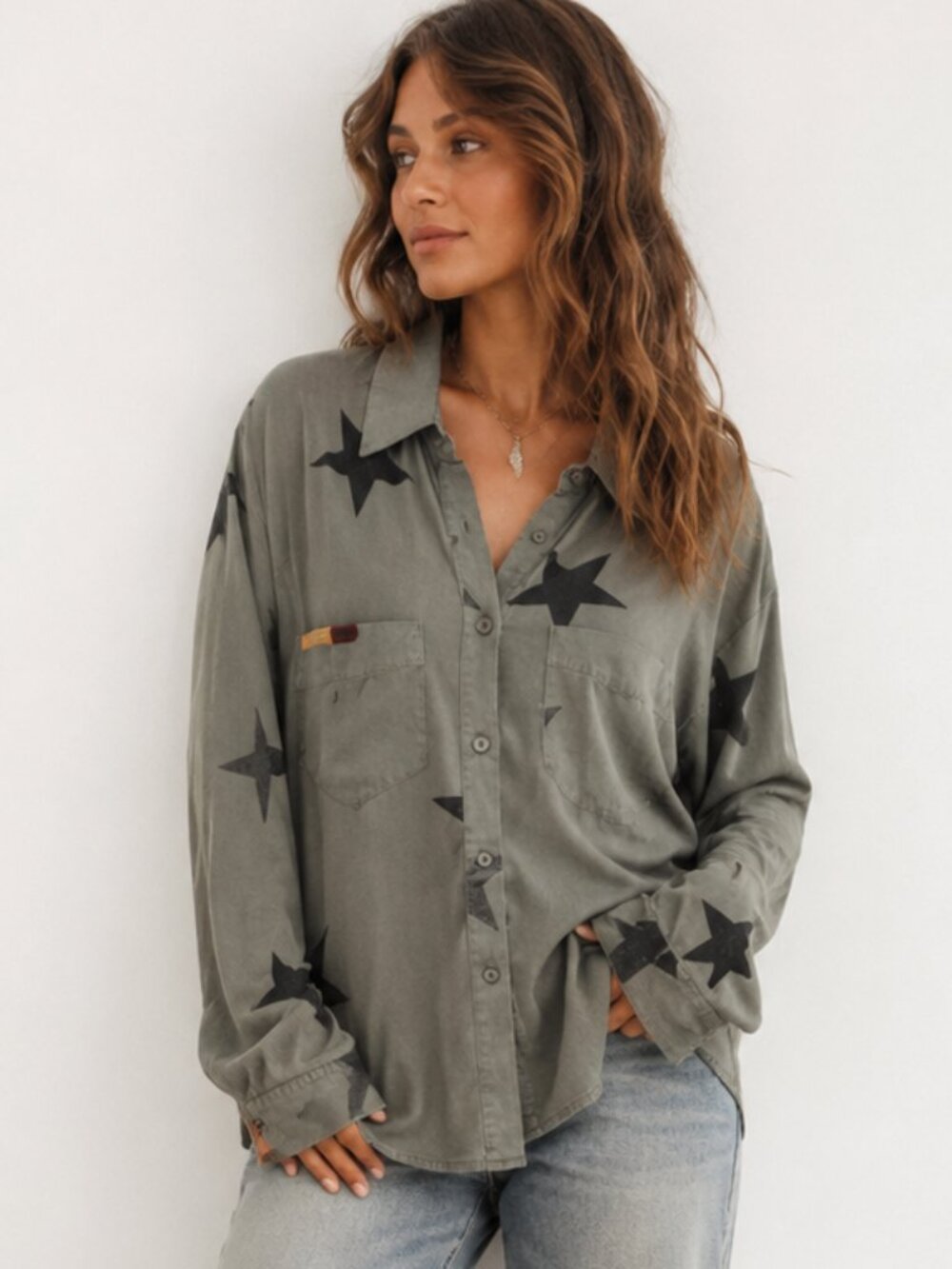MISS ME Vintage Olive Green Star Print Army Utility Button Up Shirt Grunge Sz S